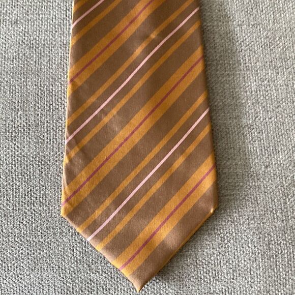 Roberto Fino Silk Tie in Orange with Tan/pink/Red Diagonal Stripe. - Picture 2 of 5